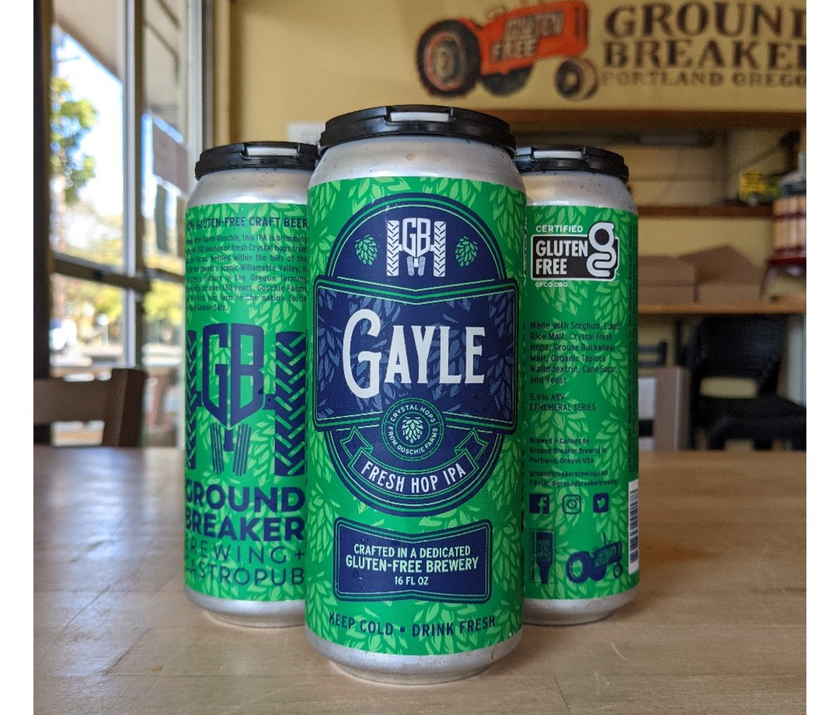 Three can of Ground Breaker Brewing Gayle Fresh Hop IPA on a table