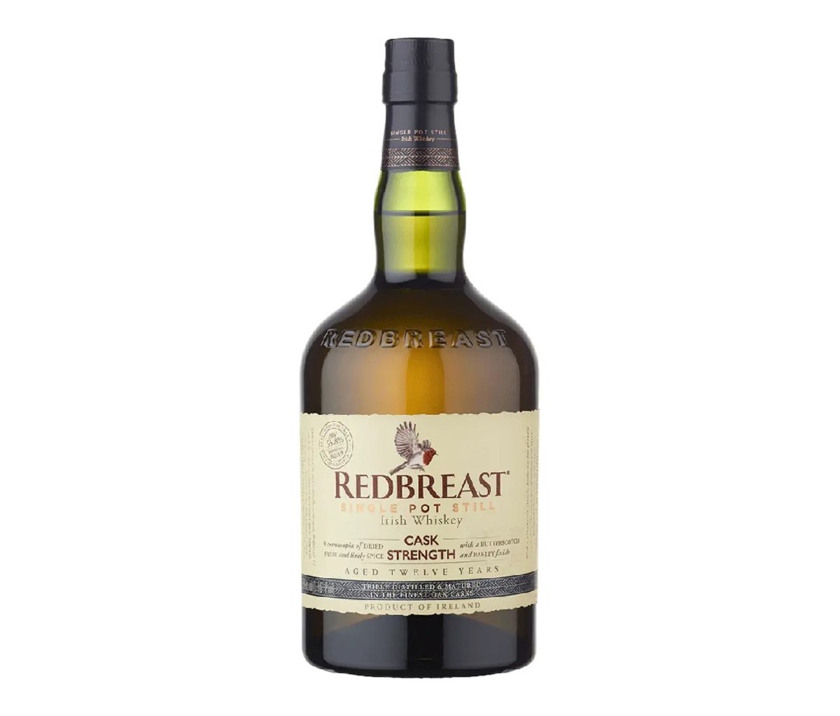 A bottle of Redbreast Cask Strength 12 Year Irish Whiskey.
