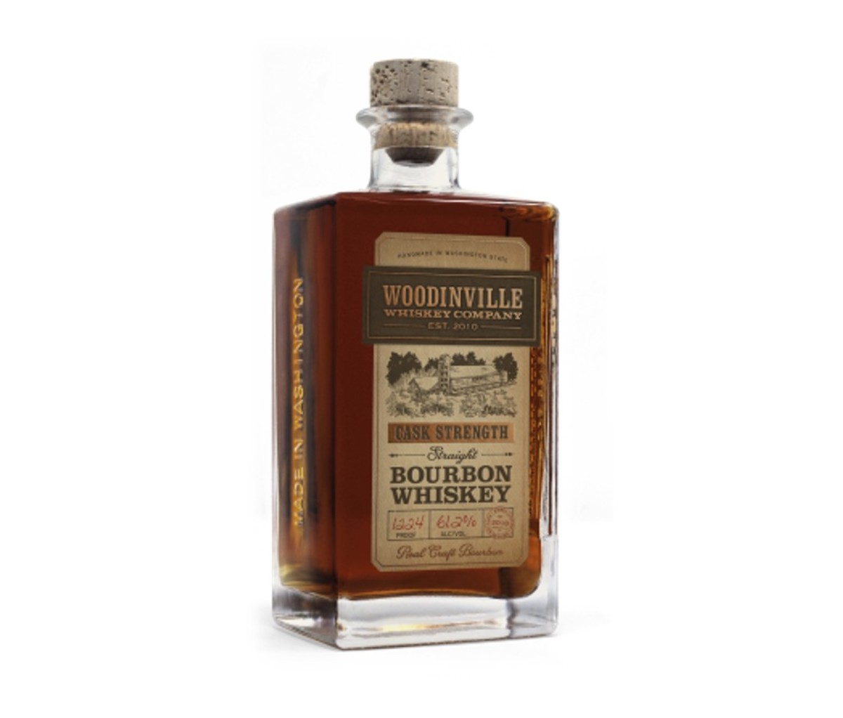 A bottle of Woodinville Cask Strength Straight Bourbon Whiskey.