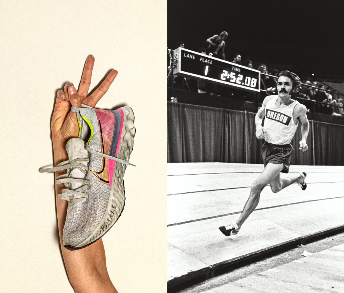 The picture on the left shows frequently worn running sneakers in a person's hands; right shows runners sprinting on the track