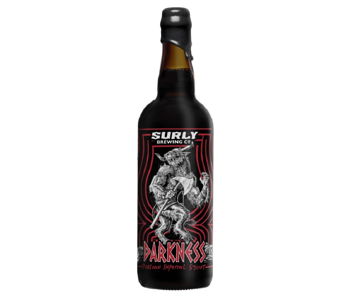 Bottle of Surly Darkness stout beer