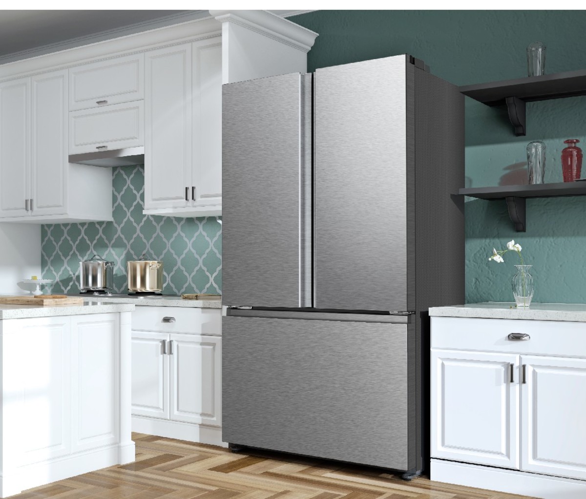 Gray brushed steel Hisense 26.6 Cu. Ft. French Door Refrigerator in a finished kitchen