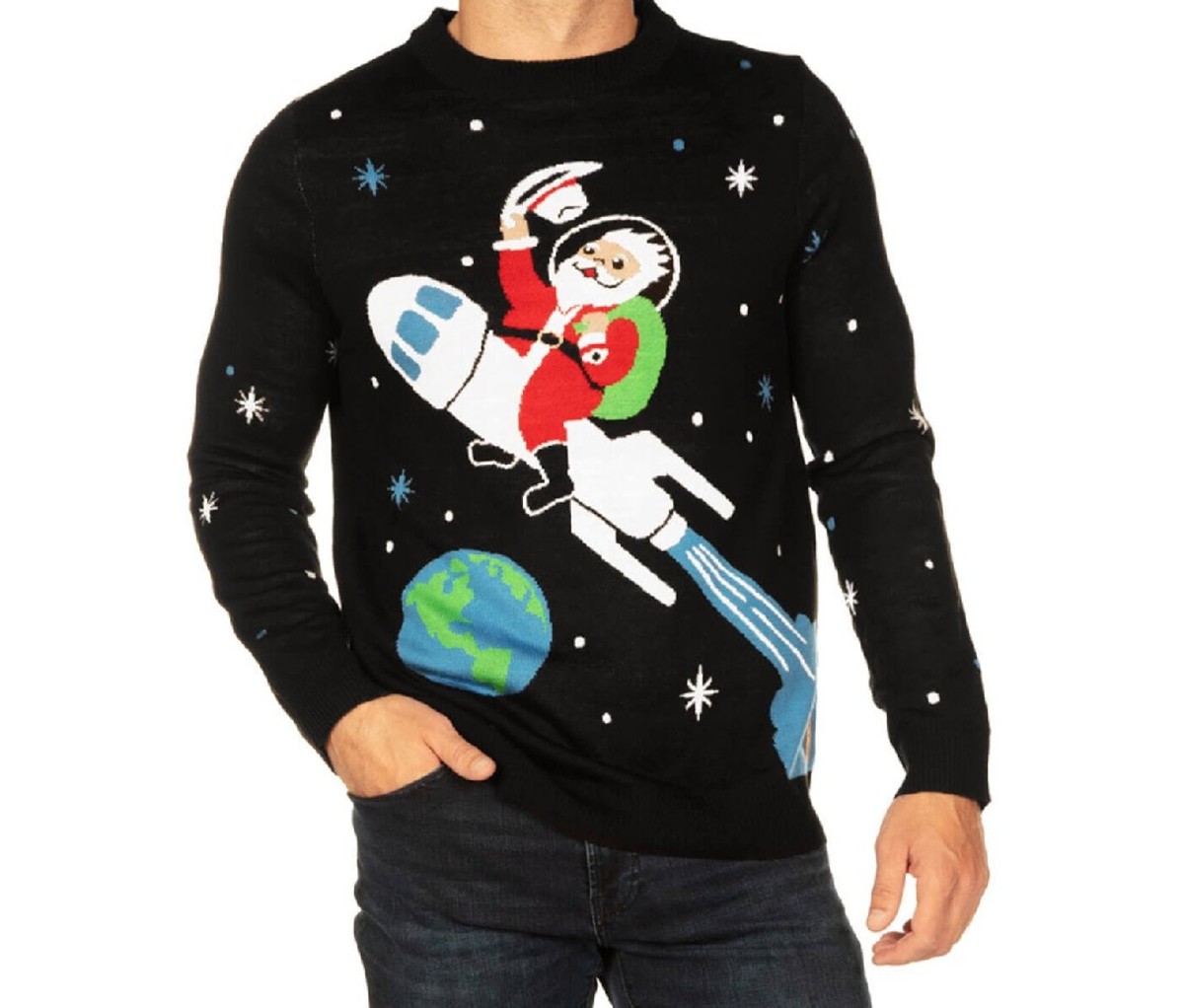 Black-based, Santa-themed Tipsy Elves Men's Bezos Blue Origin 'You Paid For This' Ugly Christmas Sweater 