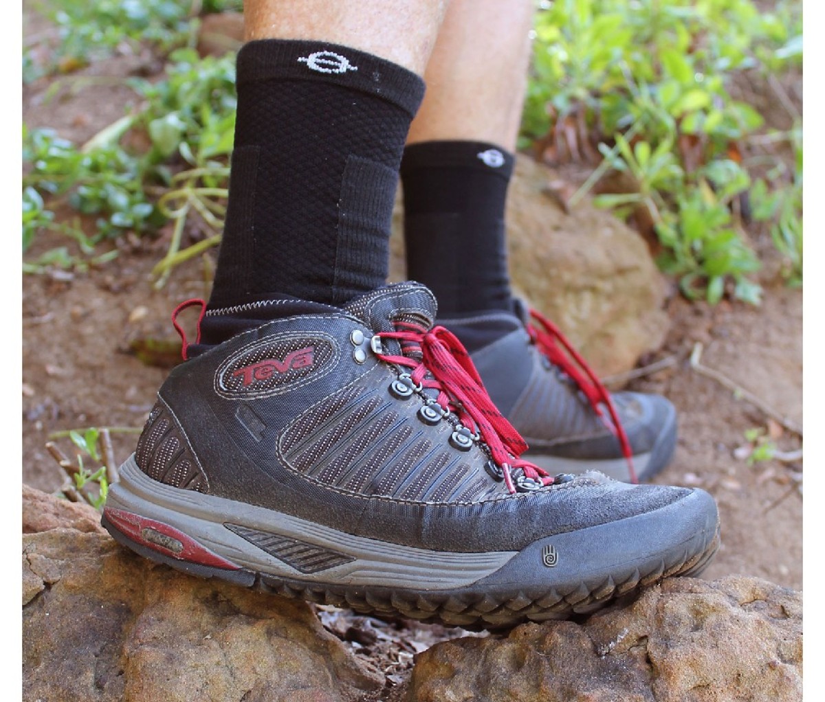 Man wearing Lasso Compression Socks with shoes, closeup