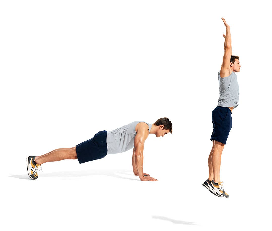 Best HIIT Workouts: Caucasian man in grey tank and black shorts performs burpee.