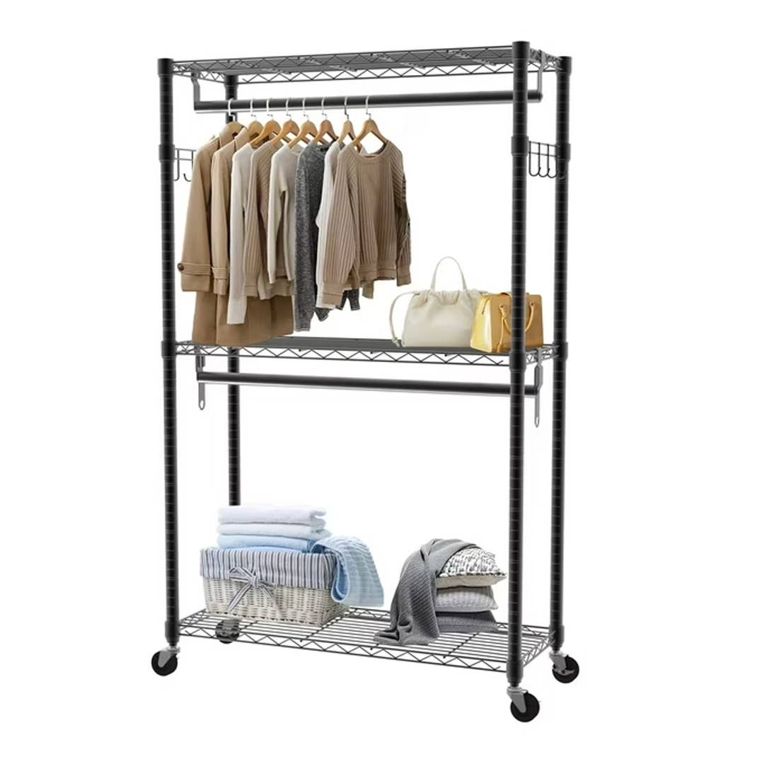 walmart dress rack Ktaxon Rolling Clothes Rack Double Bar Hanging Adjustable Garment Heavy Duty Hanger