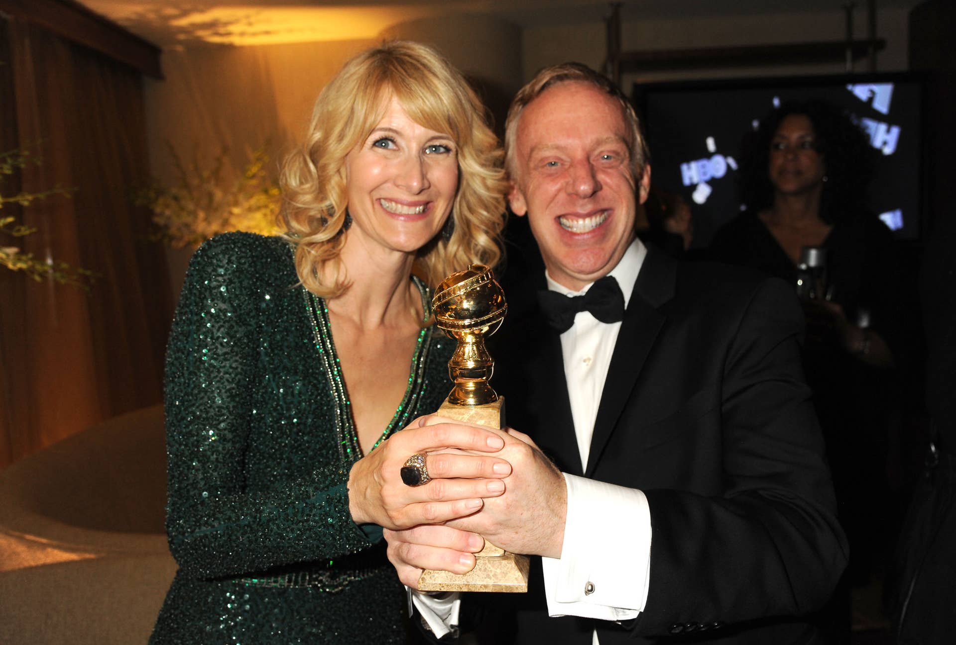 BEVERLY HILLS, CA - JANUARY 15:(EXCLUSIVE COVERAGE)   Actress Laura Dern and writer-producer Mike White attend HBO's Official After Party for the 69th Annual Golden Globe Awards held at The Beverly Hilton hotel on January 15, 2012 in Beverly Hills, California.  (Photo by Jeff Kravitz/FilmMagic)