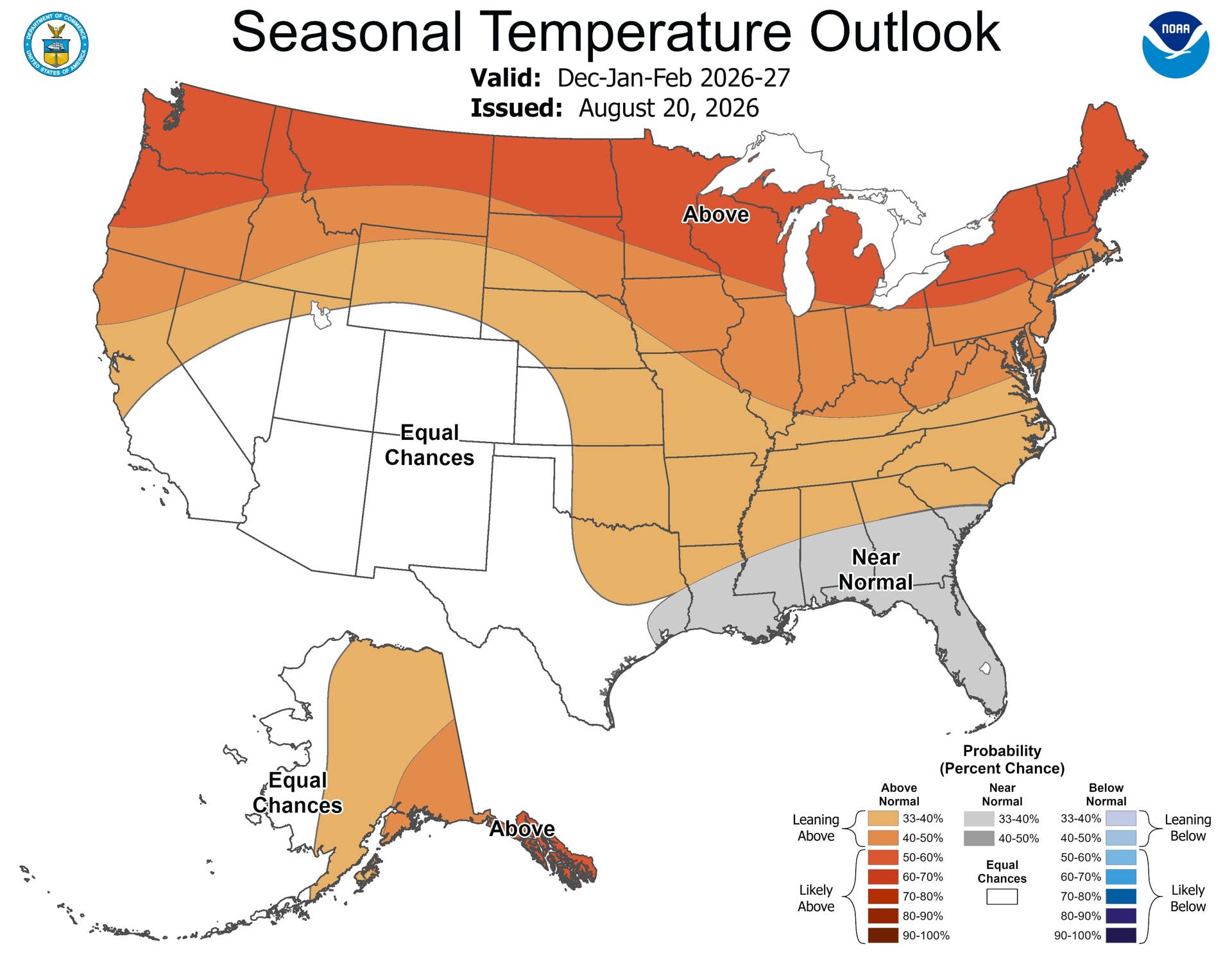 NOAA's Seasonal Temperature Outlook Map for December 2026, January 2027, and February 2027