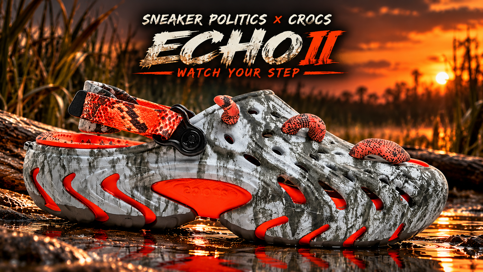 Crocs Echo II x Sneaker Politics 'Watch Your Step': Copperhead Camo, Removable Grass & Hunter-Orange Accents — Where to Buy