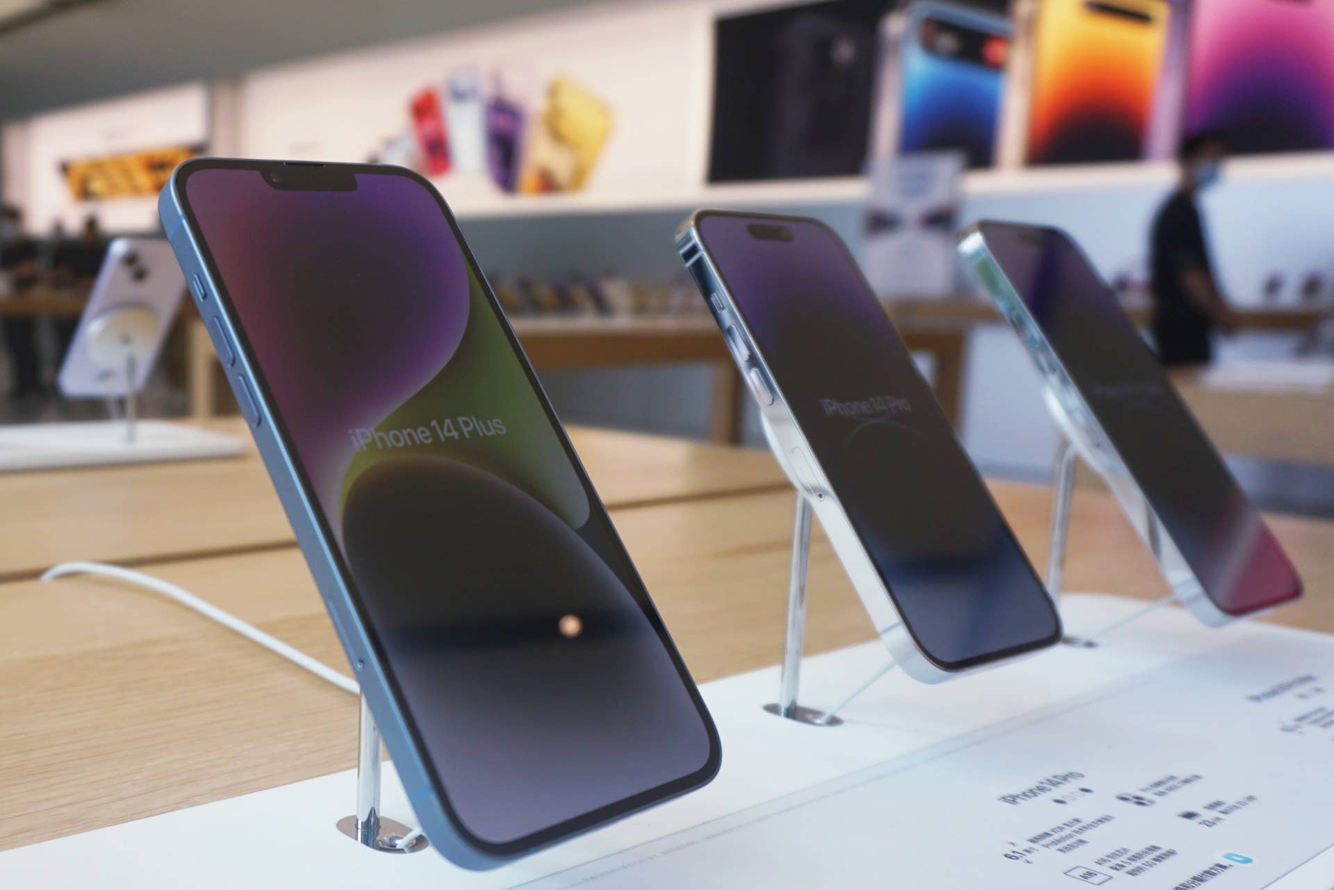 HANGZHOU, CHINA - AUGUST 14, 2023 - Photo taken on Aug. 14, 2023 shows iPhones at an Apple store in Hangzhou, East China's Zhejiang province. On the same day, data released by TechInsights showed that Apple's iPhone sales in China surpassed the United States for the first time in the second quarter of 2023, becoming the largest single market for iPhone shipments. (Photo credit should read CFOTO/Future Publishing via Getty Images)