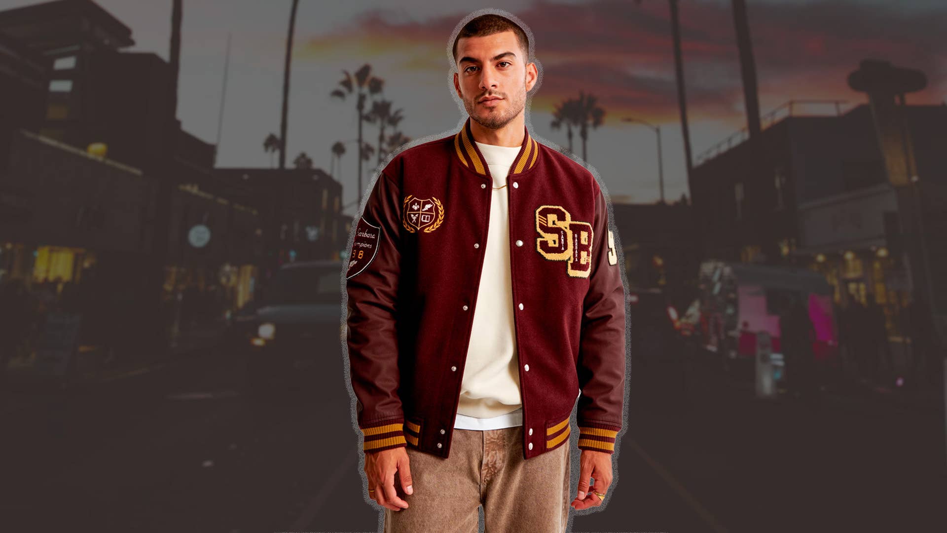 The Abercrombie & Fitch Varsity Bomber Jacket in Burgundy is on sale right now