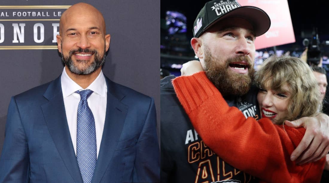 Keegan-Michael Key attends the 13th annual NFL Honors at Resorts World Theatre on February 08, 2024 (L), Travis Kelce #87 of the Kansas City Chiefs celebrates with Taylor Swift after a 17-10 victory against the Baltimore Ravens in the AFC Championship Game on January 28, 2024 in Baltimore, Maryland (R).