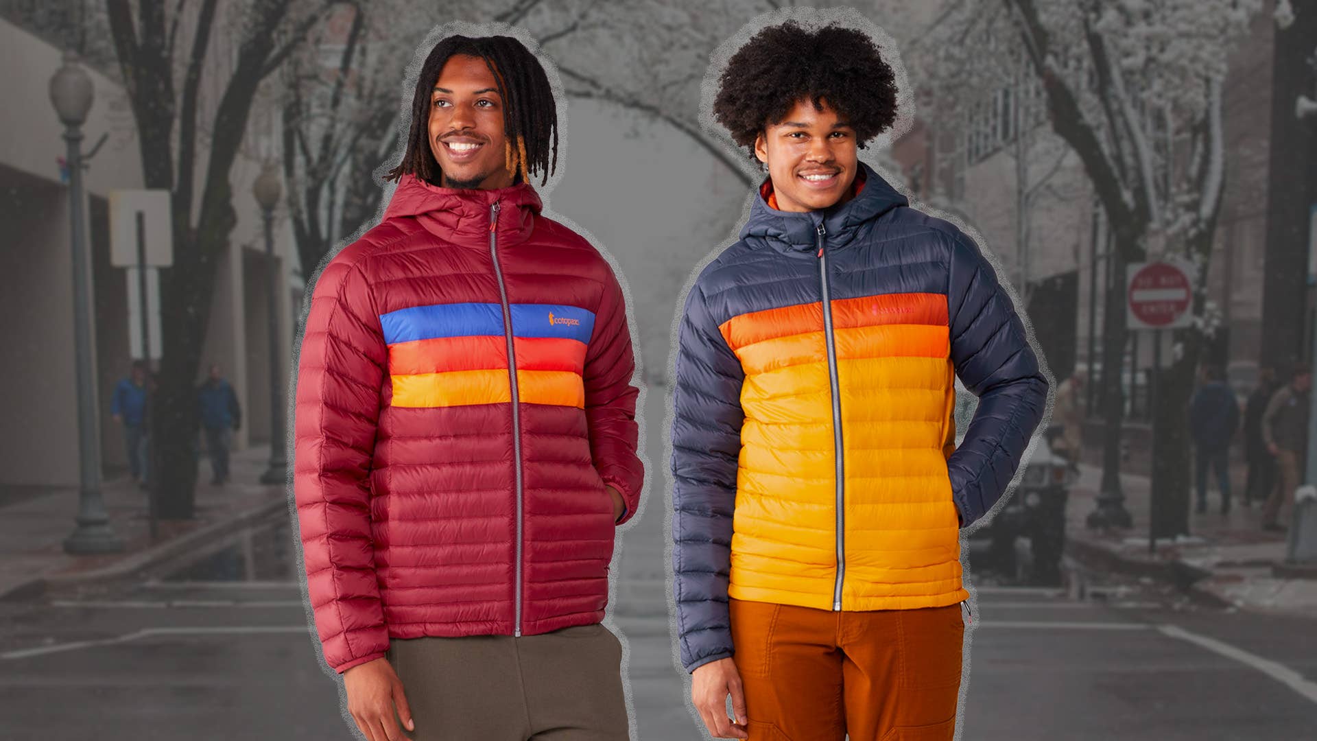 the cotopaxi fuego hooded down jacket, seen here worn by two men, is on sale at REI