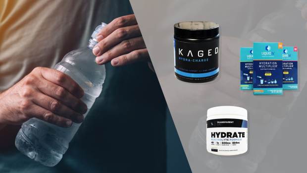 An image of hands opening a water bottle on the left and three electrolyte powders, kaged hydra-charge, liquid iv hydration multiplier, and transparent labs hydrate on the right, some of our picks for the best electrolyte powder