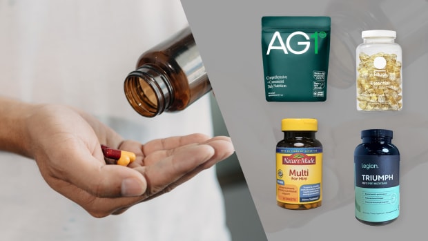 An image of a hand holding pills from the bottom on the left next to an image of containers of four multivitamins from ritual, ag1, nature made, and legion.