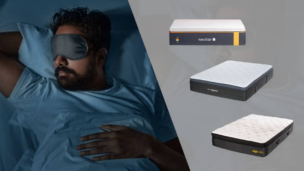 A man sleeping in a bed with an eyemask on on the right and three mattresses against a gray background on the right: the nectar premier copper, helix midnight luxe, and nolah evolution, three of our picks for the best cooling mattress
