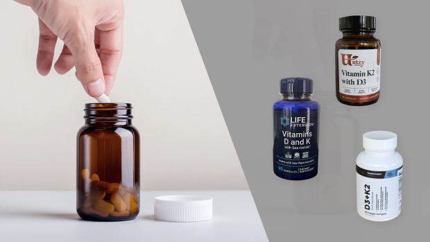 Shot of a hand taking a capsule out of a brown pill bottle on the left and on the right three supplements from our list of the best D3 and K2 supplements: Utzy Naturals, Life Extension, and Transparent Labs.
