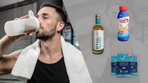 A man drinking from a bottle shaker on the left and three of our top picks for the Best Keto Drinks on the right: Liquid I.V, Premier Protein, and Zero Proof.