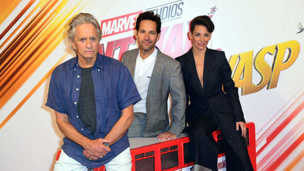 Michael Douglas (left), Paul Rudd and Evangeline Lilly (right) attending a photocall for Ant-Man and The Wasp, held at Corinthia Hotel, London. (Photo by Ian West/PA Images via Getty Images)
