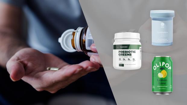An image of a hand with a pill in it on the left and on the right three of our picks for the best prebiotic supplement: ritual symbiotic, transparent labs prebiotics greens, and olipop
