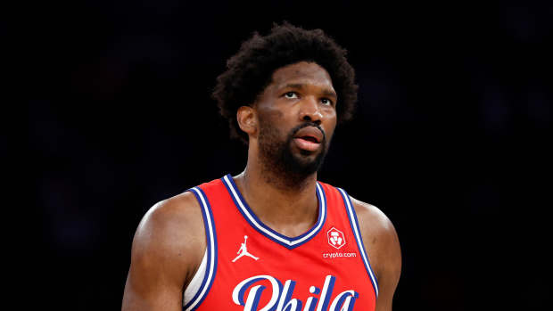Joel Embiid #21 of the Philadelphia 76ers looks on during the game against the New York Knicks in Game Two of the Eastern Conference First Round Playoffs at Madison Square Garden on April 22, 2024 in New York City.