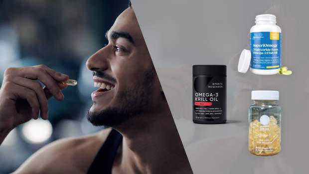 On the left, a man holding a clear capsule near his mouth, and on the right, three of our top picks for the best omega-3 supplements, sports research omega-3 krill oil, naturenetics superiomega, and ritual omega-3