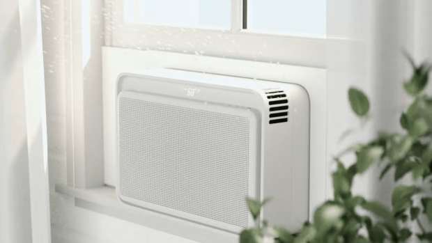 A smart window air conditioner unit with a modern design.