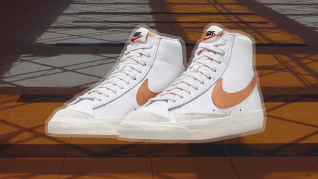 The Nike Men's Blazer Mid '77 Vintage Shoes in White/Brown are on sale right now at Dick's Sporting Goods