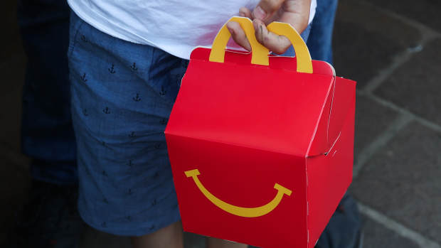 A child holds McDonald's Happy Meal box in Krakow, Poland on June 23, 2022. (Photo by Jakub Porzycki/NurPhoto via Getty Images)