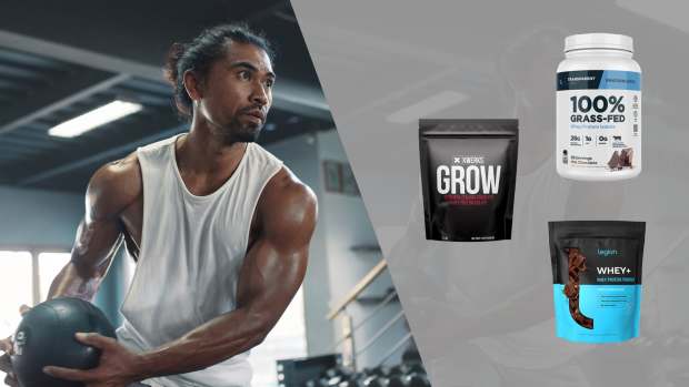 A man in a gym holding a medicine ball on the right and on the left three of our picks for the best protein powders for muscle gain, transparent labs 100% grass fed whey, xwerks grow, and legion whey+