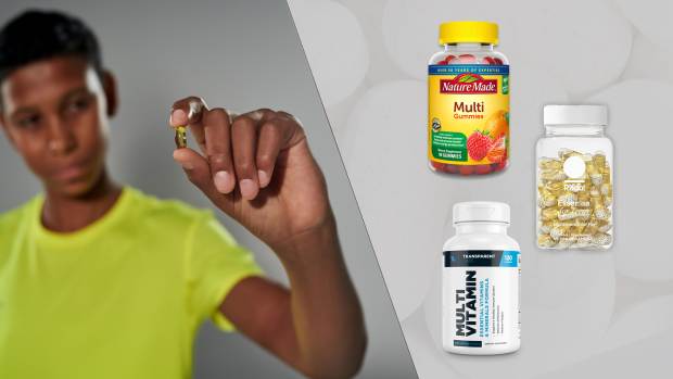 A teen boy holding a pill in his hand on the left and on the right three of our picks for the best multivitamins for teens: nature made mutli, ritual essential for teens, and transparent labs multivitamin
