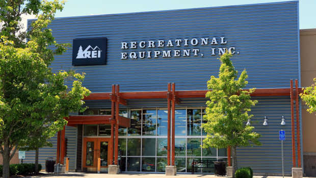 Recreational Equipment Incorporated REI store entry showing company logo.
