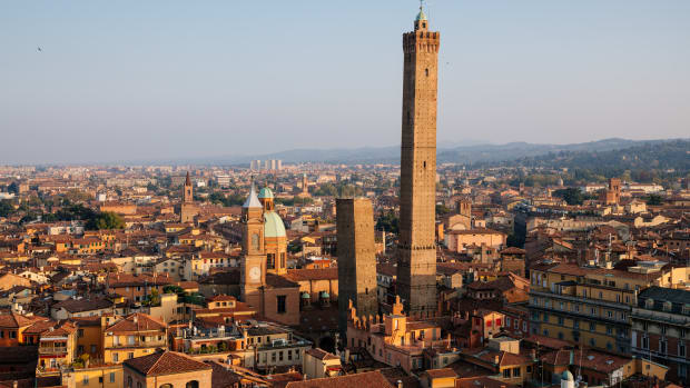 Panoramic view of the Garisenda and Asinelli Tower in Bologna, Italy.