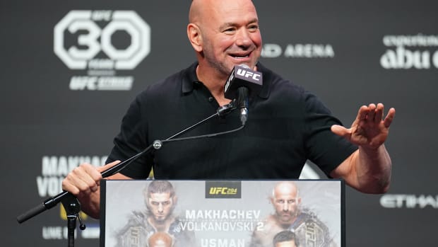 ABU DHABI, UNITED ARAB EMIRATES - OCTOBER 19: UFC CEO Dana White hosts the UFC 294 press conference at Etihad Arena on October 19, 2023 in Abu Dhabi, United Arab Emirates. (Photo by Chris Unger/Zuffa LLC via Getty Images)