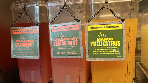 Dispensers for charged lemonade at Panera Bread.