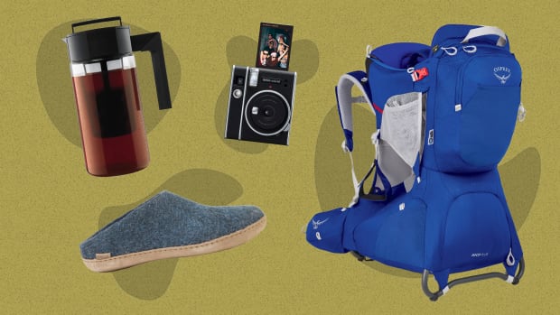 the best gifts for new dads are include the Fujifilm instax camera, the osprey child carrier, the glerups slippers, and the takeya cold brew maker, seen here.