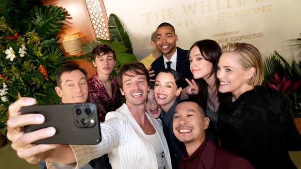 WESTLAKE VILLAGE, CALIFORNIA - APRIL 06: (L-R) Jason Isaacs, Sam Nivola, Patrick Schwarzenegger, Sarah Catherine Hook, Charlotte Le Bon, Nicholas Duvernay, Jon Gries, Tayme Thapthimthong, Aimee Lou Wood and Leslie Bibb attend HBO's "The White Lotus" Season 3 Finale Event at Four Seasons Hotel Westlake Village, California on April 06, 2025 in Westlake Village, California. (Photo by Jeff Kravitz/FilmMagic for HBO)