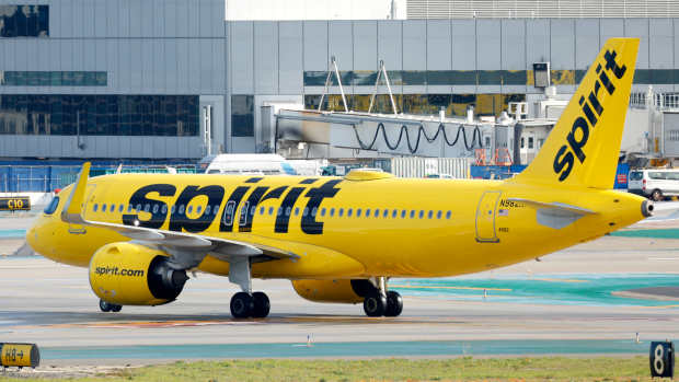A Spirit Airlines Airbus A320 airplane taxis at Los Angeles International Airport after arriving from Baltimore on March 30, 2025 in Los Angeles, California.