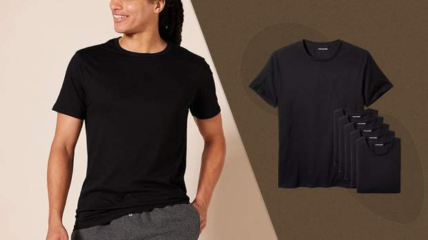 The Amazon Essentials Crew Neck T-Shirts in Black, 6-Pack, pictured here, is on sale right now at Amazon.
