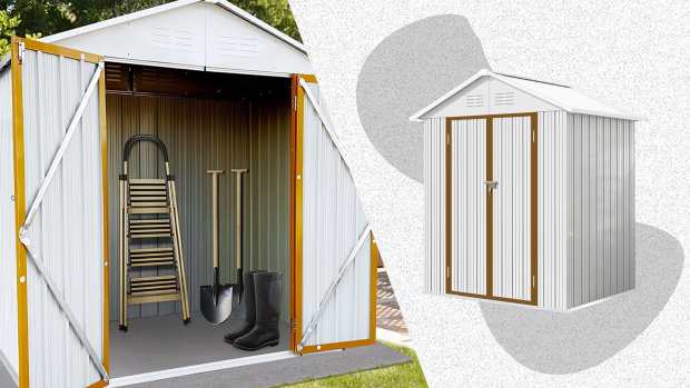 An image of the inside of the Syngar 6x4 Outdoor Metal Storage Shed in White alongside a still image of the exterior.
