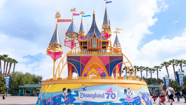 ANAHEIM, CA - MAY 17: General view of the Disneyland Esplanade at the Disneyland Resort decorated for the park's 70th Celebration on May 17, 2025 in Anaheim, California.  (Photo by AaronP/Bauer-Griffin/GC Images)