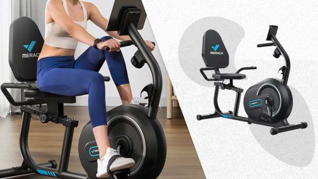 The Merach Recumbent Exercise Bike, pictured here, is on sale now at Walmart.