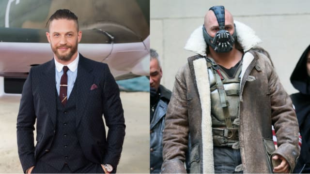 L: Tom Hardy arriving at the 'Dunkirk' World Premiere at Odeon Leicester Square on July 13, 2017 in London, England. (Photo by Samir Hussein/WireImage), R: Actor Tom Hardy is seen in costume as Bane on the set of 'The Dark Knight Rises' on location on Wall Street on November 5, 2011 in New York City. (Photo by Marcel Thomas/FilmMagic)