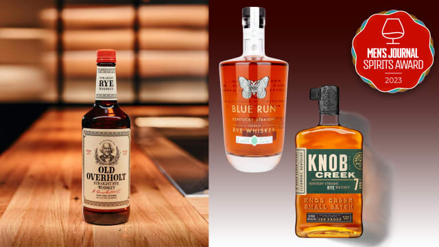 Compilation of three rye whiskey bottles, Old Overholt, Blue Run, Knob Creek, with Men's Journal Spirits Award 2023 badge.