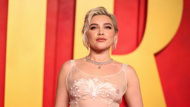 Florence Pugh at the 2024 Vanity Fair Oscar Party held at the Wallis Annenberg Center for the Performing Arts on March 10, 2024 in Beverly Hills, California. (Photo by Christopher Polk/Variety via Getty Images)