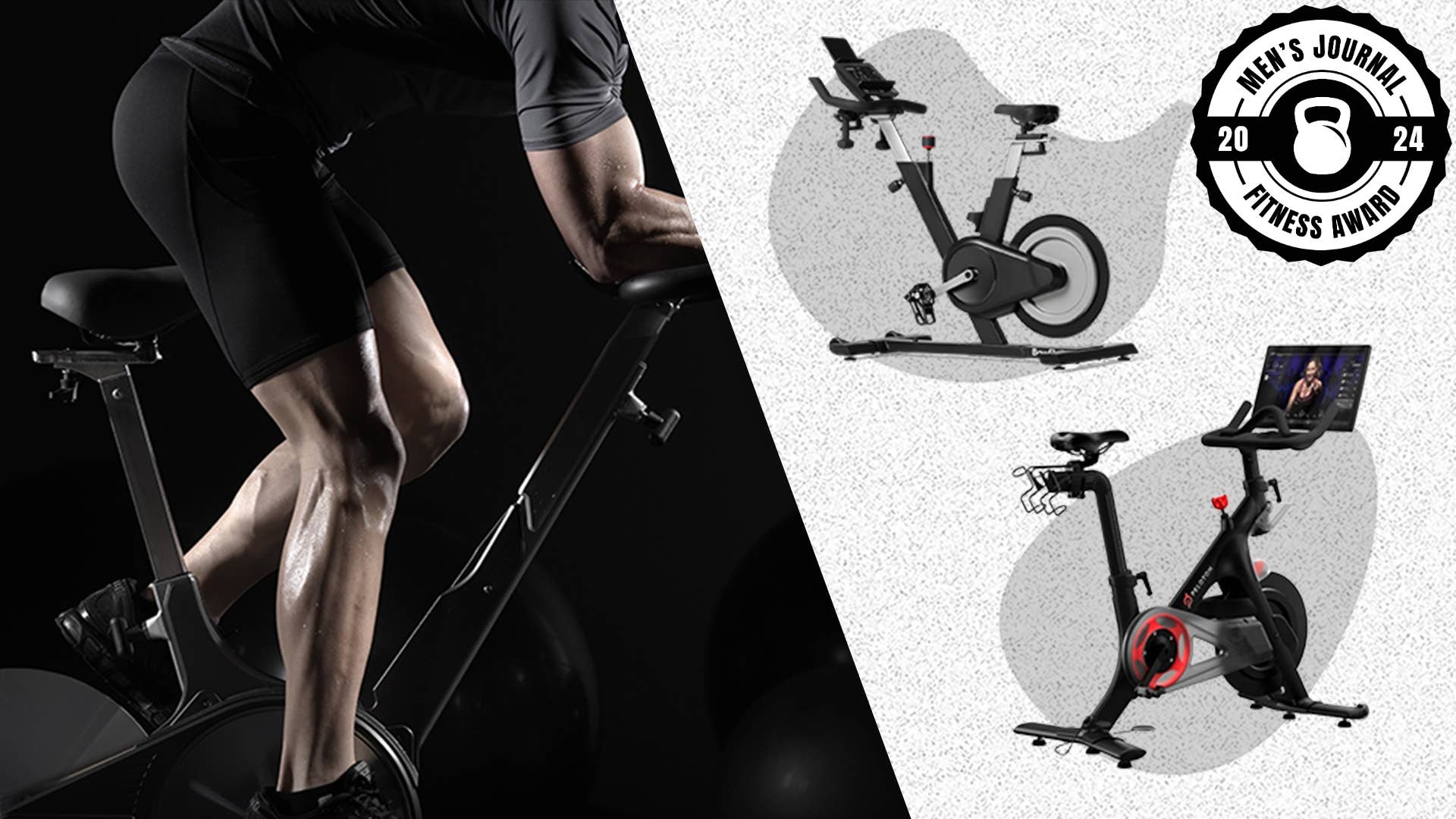 Muscular man riding a stationary exercise bike with two other stationary bikes on the right side on a speckled white and black background.