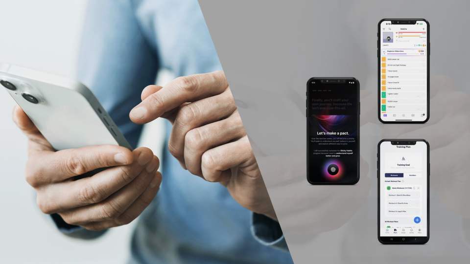 Hands holding a phone with a blue shirt in the background and three phones displaying images from Greatness, Habititca, and Caliber, three of our picks for the best habit-tracking apps.