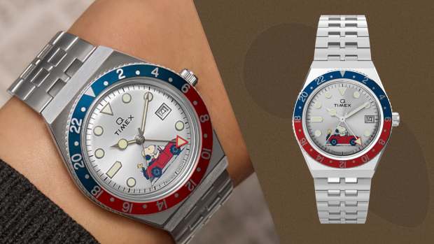 The Timex x Peanuts Q Timex GMT 38mm Stainless Steel Bracelet Watch, pictured here, is now on sale at Timex.