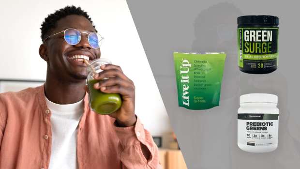 A man drinking a greens powder drink next to three of the best greens powders: Green Surge, Live it Up, and Transparent Labs.
