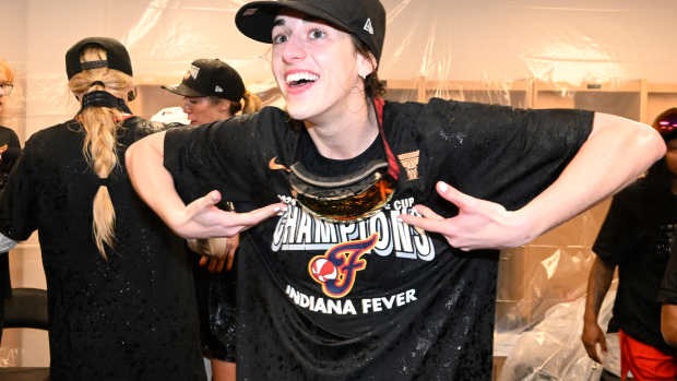 Caitlin Clark of the Indiana Fever celebrates after winning the 2025 WNBA Commissioner's Cup.